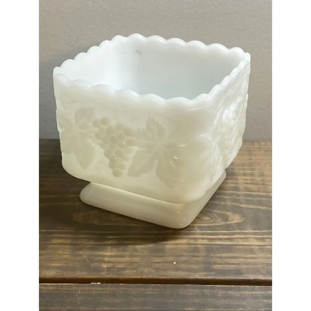 VTG Anchor Hocking Harvest Grape Square Scalloped Milk Glass Pedestal Planter